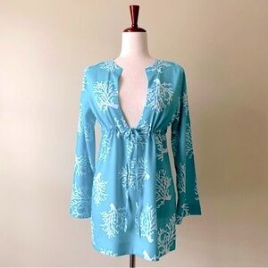 ESCAPADA BEACH- Turquoise with White Coral Pattern Tunic with Drawstring Size XS